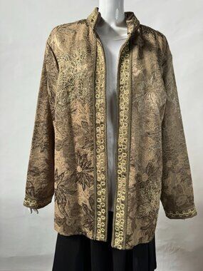 Coldwater Creek Embellished Floral Metallic Jacket 2X Gold/Brown Cotton Blend